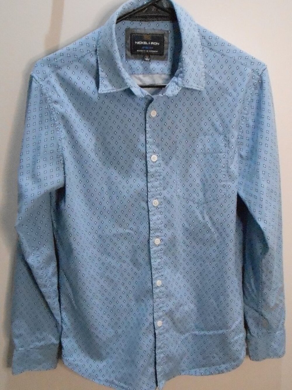 Nickel & Iron Stretch Men's Blue White Diamond Long Sleeve Collared Shirt Size-S